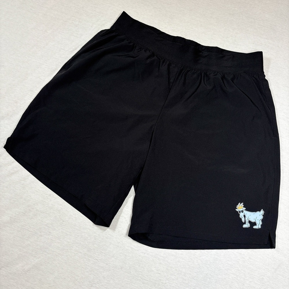 GOAT USA Mens L Athletic Shorts Black Blue Logo Graphic 8" Inseam Gym Lacrosse